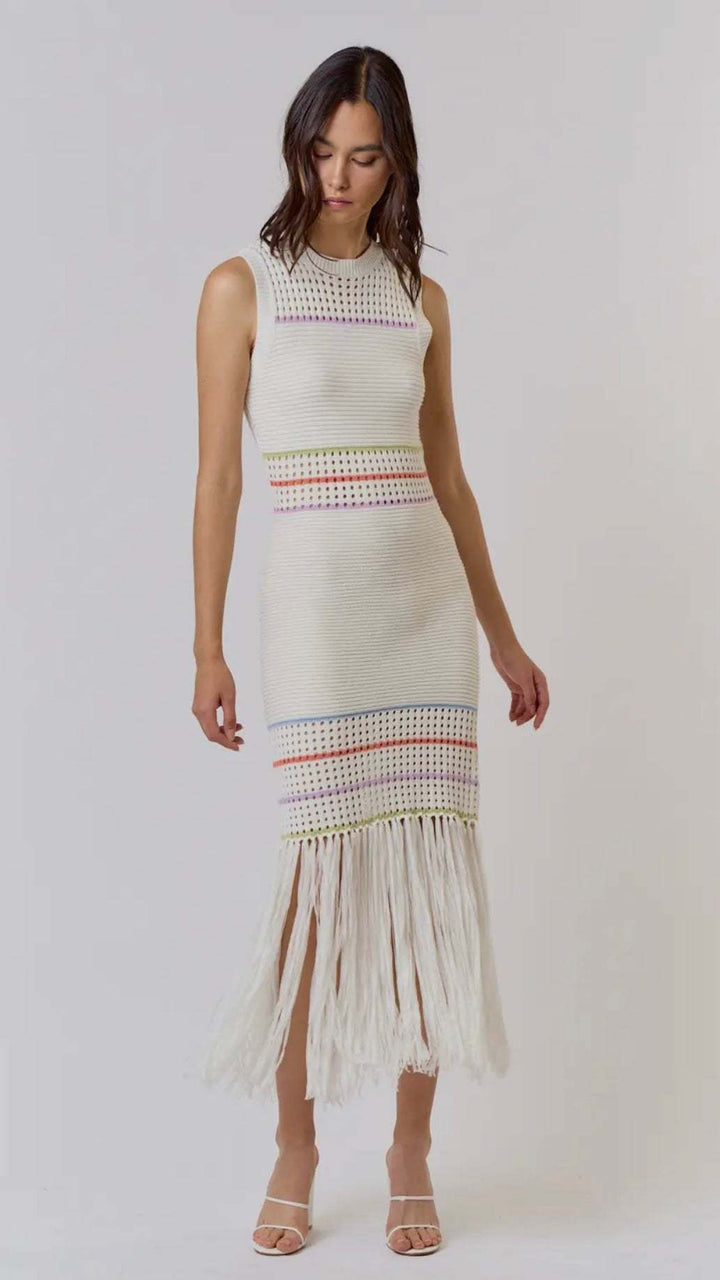 Free Spirited Stripe & Fringe Sweater Knit Maxi Dress