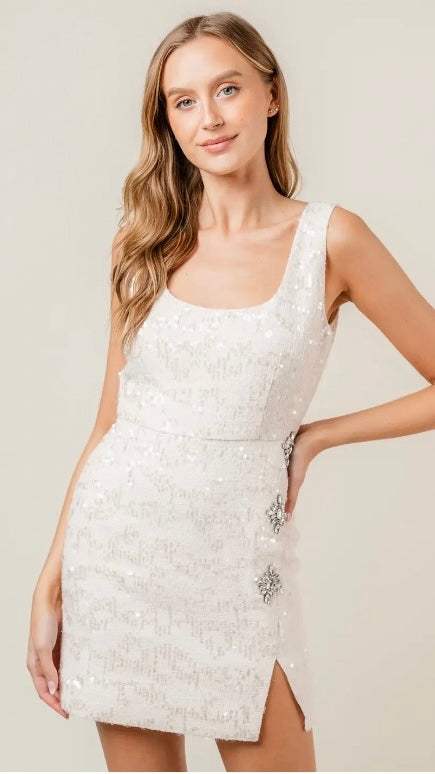 FORE Cream Sequin & Rhinestone Embellished Bouclé Slit Mini Dress