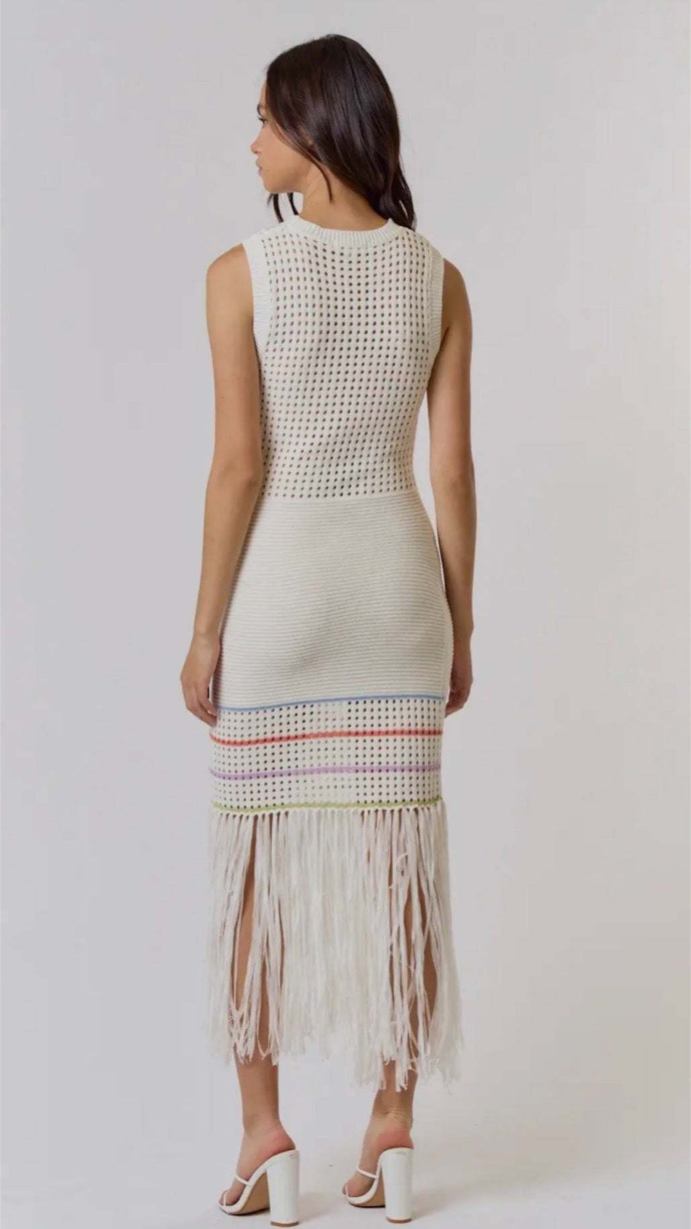 Free Spirited Stripe & Fringe Sweater Knit Maxi Dress