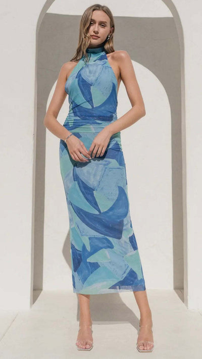 FORE Mesh Printed Cowl Neck Maxi Dress