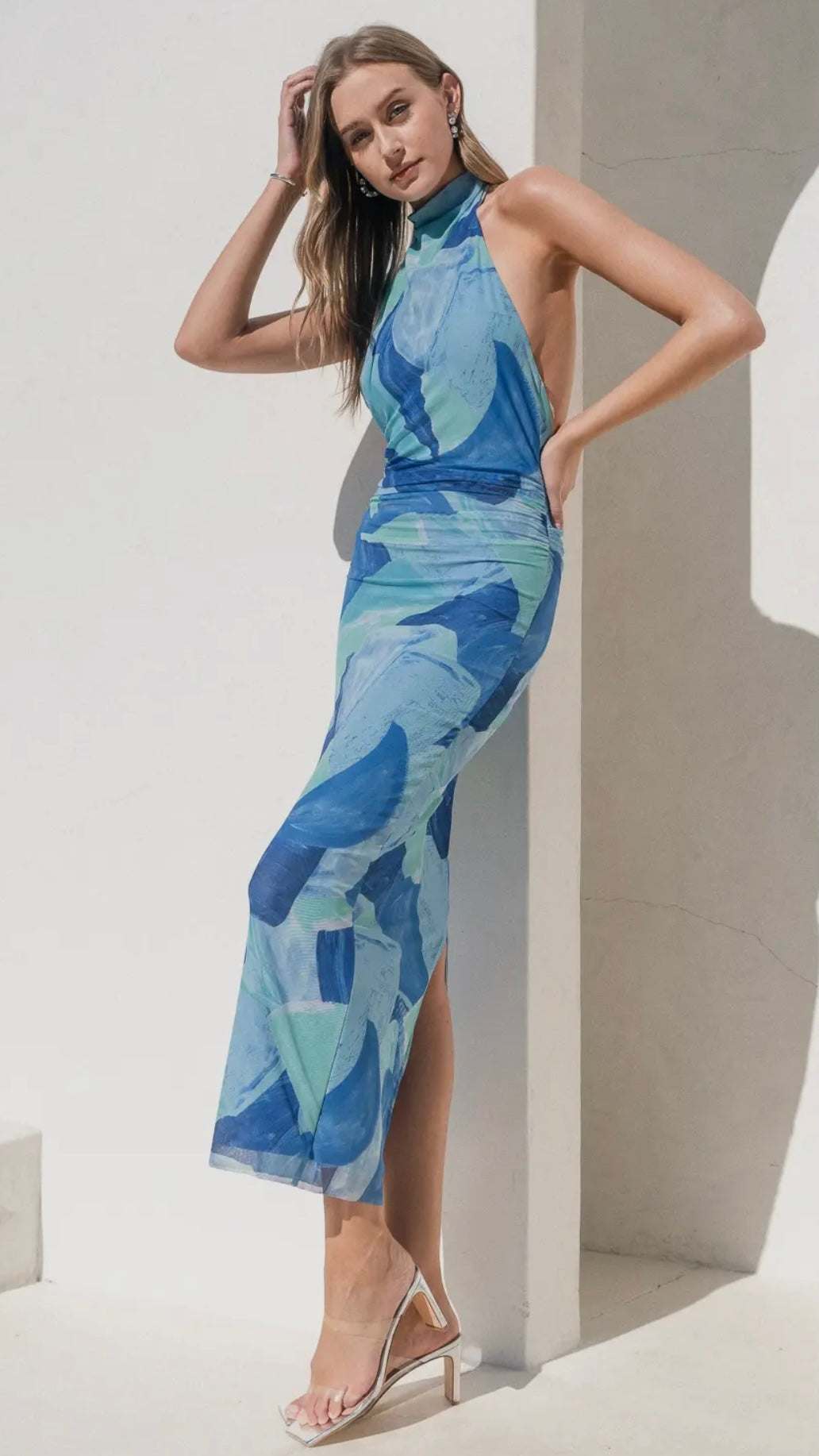 FORE Mesh Printed Cowl Neck Maxi Dress