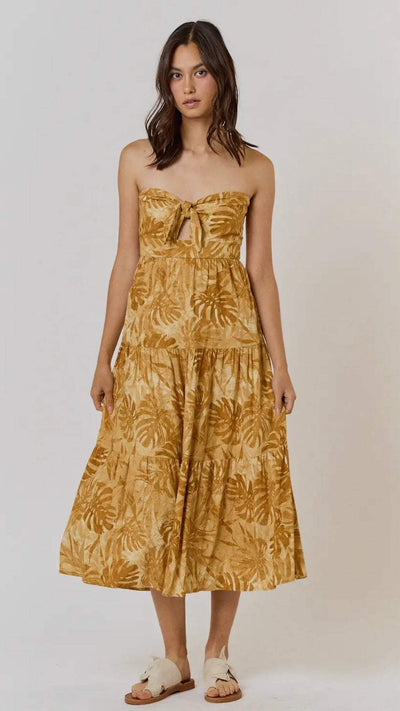Paradise Found Gold Tropical Midi Dress