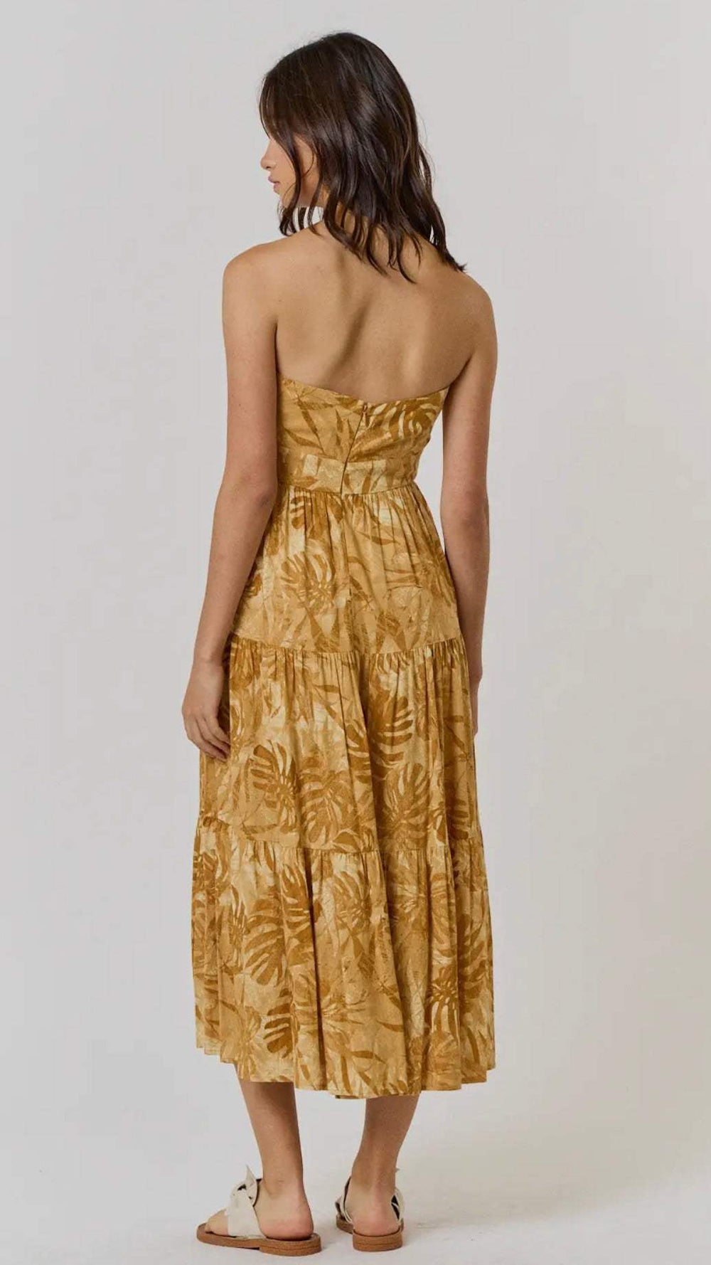 Paradise Found Gold Tropical Midi Dress