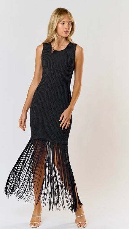 Black Sleeveless Sweater Midi Dress with Fringe